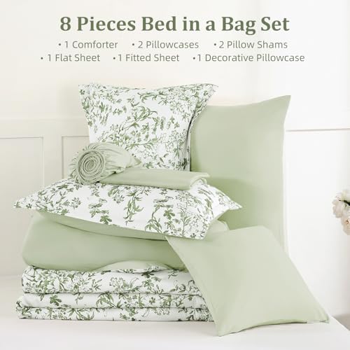 WONGS BEDDING 8 Pieces King Size Comforter Set Green,Sage Green Floral Bed in a Bag Comforter Sets, Soft Reversible Botanical Flowers Bedding Sets for All Season (90"x104") WONGS BEDDING