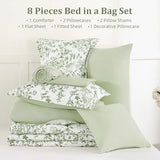 WONGS BEDDING 8 Pieces Queen Size Comforter Set Green, Sage Green Floral Bed in a Bag Comforter Sets, Soft Reversible Botanical Flowers Bedding Sets for All Season (90"x90") WONGS BEDDING