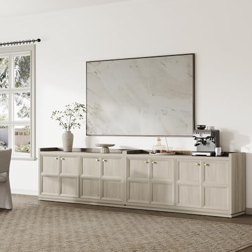 SICOTAS 4-Door Buffet Cabinet for Living Room - 61.7" Extra Long Sideboard with Storage & Adjustable Shelves Modern Credenza Accent Coffee Bar Storage Cabinet for Kitchen, Hallway, White Oak, 1 PCS SICOTAS