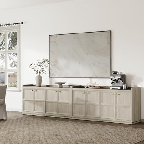 SICOTAS 4-Door Buffet Cabinet for Living Room - 61.7" Extra Long Sideboard with Storage & Adjustable Shelves Modern Credenza Accent Coffee Bar Storage Cabinet for Kitchen, Hallway, White Oak, 1 PCS SICOTAS