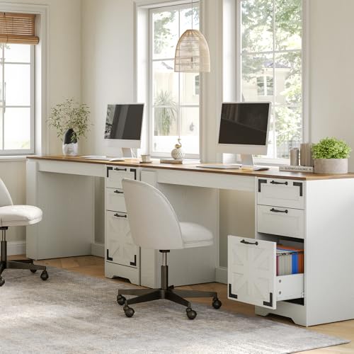 LITTLE TREE Office Desk with Drawers, 59" Farmhouse Executive Desk with Storage File Cabinet, Wooden Computer Writing Table for Home, Office, Bedroom, White & Brown LITTLE TREE