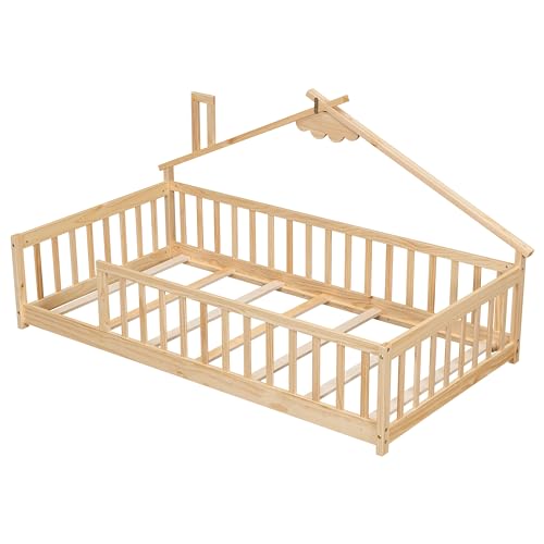 Bellemave Twin Size Montessori Floor Bed with House Roof and Safety Rails - Natural Wood Frame for Kids - WoodArtSupply