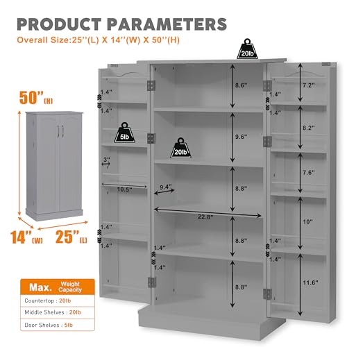 Furnaza LED Kitchen Pantry Storage Cabinets - 50 Inch Food Cabinets Buffet Cupboards with 2 Doors and Shelves Adjustable for Small Space in Dinning Room, Living Room, in Grey Furnaza