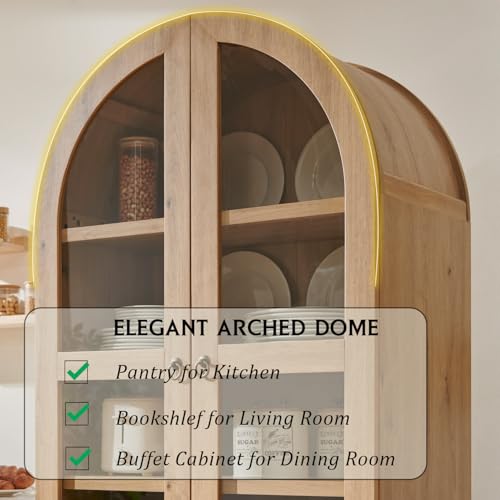 IFGET 71" Tall Arched Kitchen Pantry, Modern Farmhouse Wood Kitchen Storage Cabinets with 2 Large Drawers and Adjustable Shelves, Versatile Cupboard for Kitchen, Dining Room, Bathroom, Natrual IFGET