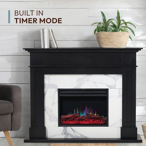 Cambridge Sofia 53-in. Freestanding Fireplace Mantel in Black with White Marble Inlay and Log Display, Electric Heater Insert with Color Changing Flames for Living Room, Bedroom CAMBRIDGE
