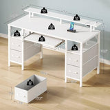 Seventable White Computer Desk with Drawers, Gaming Desk with Keyboard Tray, Office Desk with LED Lights & Power Outlets, 47 inch Writing Desk with Monitor Stand for Small Space Seventable