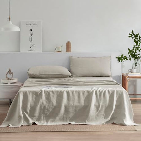 EVERLY Linen Sheets Set King Size,100% French Stonewash Pure Linen Bed Sheets,4Pieces (1Flat Sheet,1Fitted Sheet,2Pillowcase) Suitable for Hot Sleepers,Not Dyed Deep Pocket Natural Bedding Set EVERLY