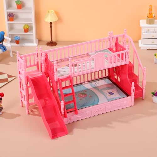 NOLITOY Miniature Bunk Bed with Slide for 6 Inch Dolls - Pink Double Deck Plastic Dollhouse Furniture Playset with Ladder & Bedding Accessories - Fits Small Dolls Figures NOLITOY