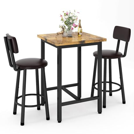Recaceik 3 Piece Pub Dining Set, Modern bar Table and Stools for 2 Kitchen Counter Height Wood Top Bistro Easy Assemble for Breakfast Nook Living Room Small Space Restaurant, Rustic Brown 24” Recaceik