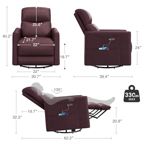 Welzona Power Swivel Rocker Recliner, Power Recliner Chair, 360° Swivel Small Recliners for Small Spaces, Infinite Position Rocking Chair Nursery, PU Leather Living Room Chairs USB Port, Burgundy Red