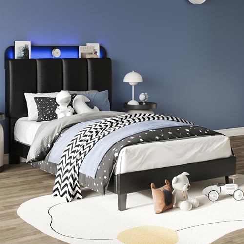 BarnFurin Twin Bed Frame with LED Lights, Upholstered Platform Bed with Storage Headboard, Single Bed Frame, Noise-Free, No Box Spring Needed, Easy Assembly, Black BarnFurin
