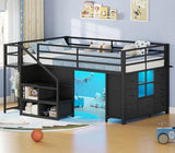 BTHFST Low Loft Bed Twin Size with Stairs & LED Lights, Kids Loft Bed with 7 Storage Drawers & 3 Open Cubbies & Handy Clothes Rail, Twin Loft Bed with Safety Guardrail, Under-Bed Play Area, Black BTHFST