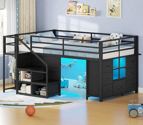 BTHFST Low Loft Bed Twin Size with Stairs & LED Lights, Kids Loft Bed with 7 Storage Drawers & 3 Open Cubbies & Handy Clothes Rail, Twin Loft Bed with Safety Guardrail, Under-Bed Play Area, Black BTHFST