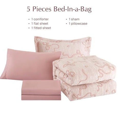 Geniospin Pink Twin Comforter Set for Girls- 5 Pieces Bowknot Jacquard Bed in A Bag Twin Bedding Sets with Sheets, Pillowcases & Shams, All Season Kids Comforter Set Geniospin