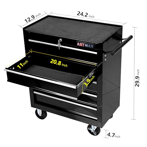 SumKea Cabinet Wheels, Box, 5 Drawer Rolling Tool Chest, with Key Locking and Parking Brake, Suitable for Garages, Warehouses, Workshops, Repair Shops, Black - WoodArtSupply