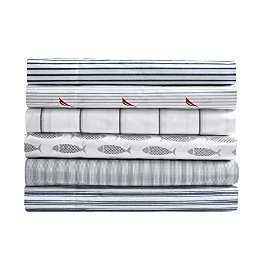 Nautica - Queen Sheets, Cotton Percale Preppy Bedding Set, Crisp & Cool, Lightweight & Breathable (Coleridge Stripe Blue, Queen) Nautica