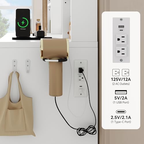 DWVO 56.3" Makeup Vanity with LED Lighted Mirror, Large Vanity Desk with RGB Glass Cabinets, Open Shelving, Built-in Power Strip & Cushioned Stool DWVO