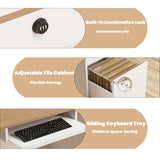 Modern Reception Desk with LED Lights & Built-in Outlets, 63” L-Shaped Front Desk with Slatted Grille Design,White Checkout Counter for Salon, Retail Store, Office, Dimmable Switch Laxodor