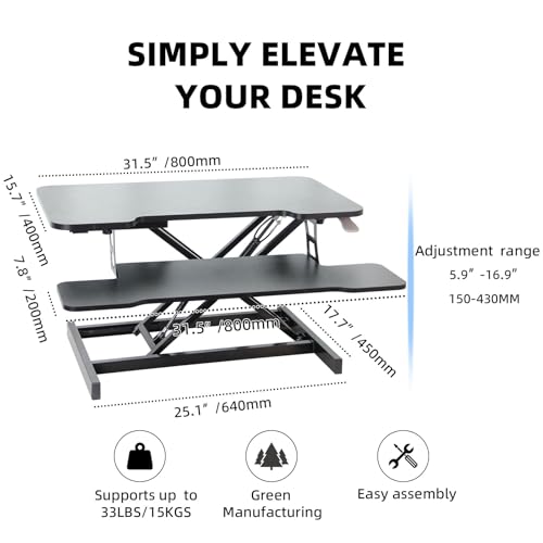 Juyancao Standing Desk Converter, 32" Height Adjustable Sit to Stand Up Workstation, Dual Monitor Desk Riser with Keyboard Tray, Black Desktop Tabletop Riser Laptop for Home Office Juyancao