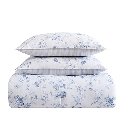 Laura Ashley - Twin XL Comforter Set, Soft & Reversible Cotton Bedding for Year Round Use, 2 Piece Bed Set with Matching Pillowcase (Belinda Blue) Laura Ashley