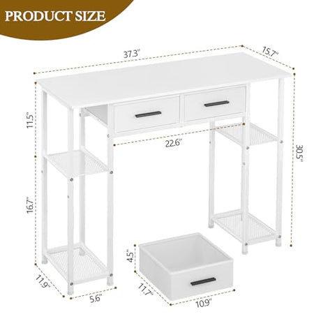 ThreeHio White Vanity Desk No Mirror, Small Makeup Table with Drawers, Girls Vanity Dressing Table with Storage Shlef for Bedroom, 37.3 Inches Compact Vanity for Small Spaces ThreeHio