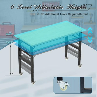 Jaxilyn Workbench 60x24 Inch Height Adjustable Work Bench Table with Power Outlet,Wheels Heavy Duty 2000 LBS Load Capacity Hardwood Workbench Suitable for Workshop, Office, Garage, Home - WoodArtSupply