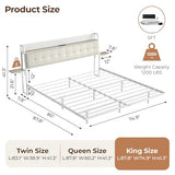 Salamir King Size Bed Frame with LED & Charging Station, Floating Bed Frame, Upholstered Headboard with Folding Shelves Storage, Metal Slats Support, No Box Spring Needed, Easy Assembly, White Salamir