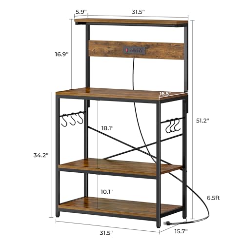 SUPERJARE Bakers Rack with Power Outlets, Microwave Stand, 31.5 X 16.5 Inch Larger Desktop, Kitchen Storage Rack with Adjustable Middle Shelf, 6 S-Shaped Hooks, Coffee Bar Stand, Rustic Brown