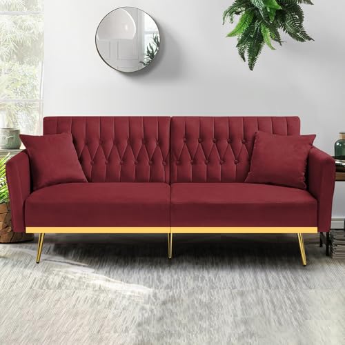 ACMEASE 70” Velvet Futon Sofa Bed with 2 Pillows and Adjustable Armrests, Convertible Sleeper Bed W/Adjustable Backrests, Modern Loveseat for Living Room, Bedroom, Red ACMEASE