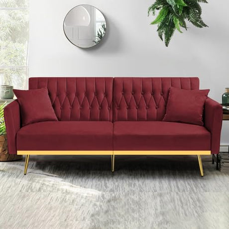 ACMEASE 70” Velvet Futon Sofa Bed with 2 Pillows and Adjustable Armrests, Convertible Sleeper Bed W/Adjustable Backrests, Modern Loveseat for Living Room, Bedroom, Red ACMEASE