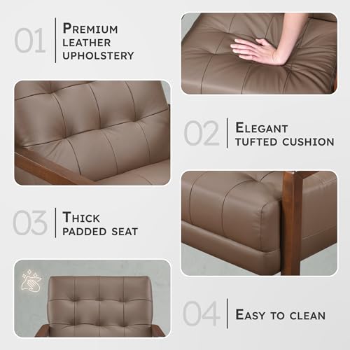 Lexicon Modern Accent Chair, Luxury Genuine Leather Match Living Room Chair with Tufted Cushions, Solid Wood Frame and Arm Rest, Comfy Upholstered Single Seat for Bedroom/Reading/Office, Brown Lexicon