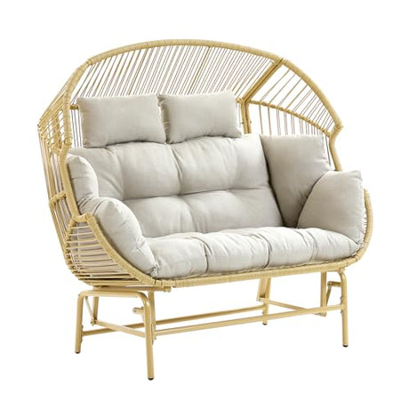 Patio Chairs Outdoor Egg Chair - 2 Person Wicker Rocking Glider Chair Rattan Patio Lounge Rocker Chairs with Cushion and Pillow for Outside Porch Deck Backyard Garden(Yellow/Beige) Pugire