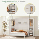 Polib Full Size Murphy Bed with Two Wardrobes and Storage Shelf, Space-Saving Wall Cabinet Bed with Foldable Platform Bedframe for Small Bedrooms, Guest Rooms and Apartments (White) Polibi