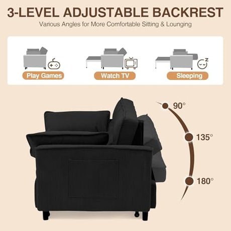 3 In 1 Corduroy Convertible Sofa Bed,Pull Out Couch Bed with Reclining Backrest And 2 Pillows, 54" Full Size Loveseat Sleeper Sofa Futon Couch Bed, Couches For Small Spaces, Living Room (Black ①) Xinmviec