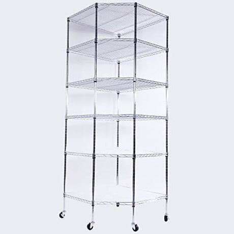 WOW PIONEER 6-Layer Corner Storage Shelves on Wheels, Metal Wire Shelving Unit for Home, Kitchen, Shop, Pantry, Restaurant Durable Steel Rack with Plastic Coating for Your Accessories, Tools Silver WOW PIONEER