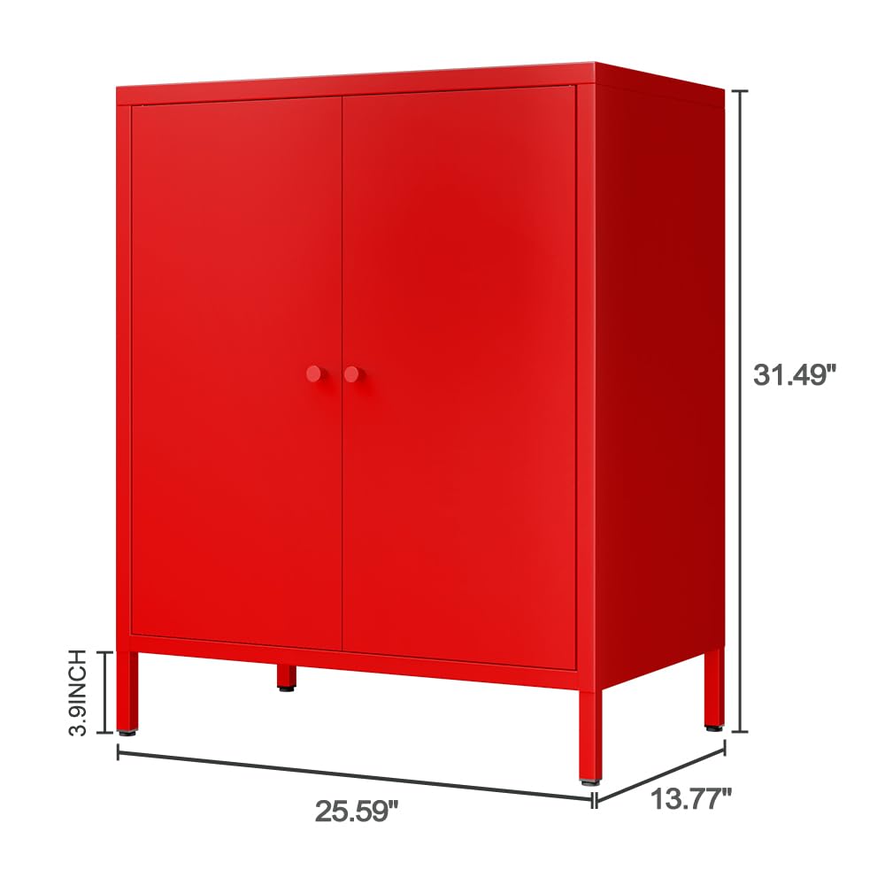 Fumedo Small 2 Metal Storage Side Buffet Cabinet for Bed Room,Living Room,Entryway,Hallway,Home,Hotel,Office,Garage,Kitchen,1 Removable Shelf. (Metal Door, Red) Fumedo
