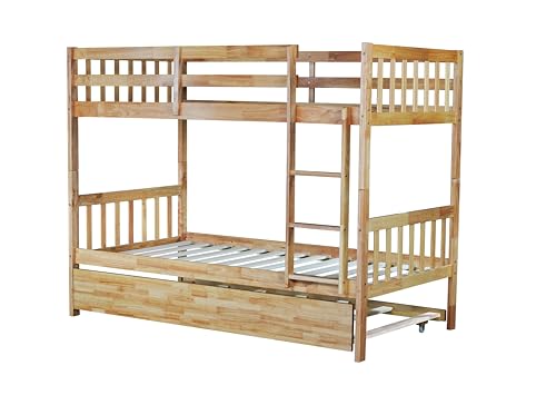 PVWIIK Convertible Bed Frame/Twin Size Rubber Wood Bunk Bed with Trundle for Kids/Boy/Girl Bedroom,Twin Over Twin Bunk Bed with Ladder and Safety Guardrails,No Box Spring Needed,Natural PVWIIK