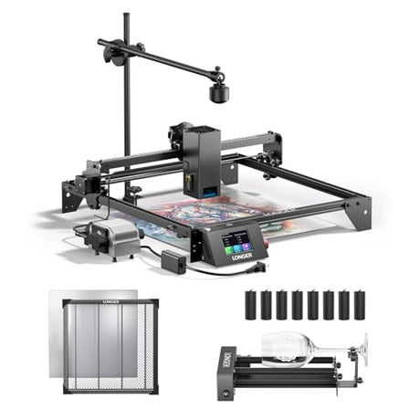 Longer RAY5 20W Laser Cutter and Laser Engraver for Tumblers, with Rotary Roller Bundle, 17.3"x 17.3" Honeycomb Working Bed, Camera Kit, and Air Pump Laser Engraver for Wood and Metal, Acrylic Longer