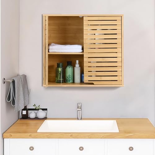 HYNAWIN Bamboo 2 Tier Bathroom Wall Cabinet with Adjustable Shelf, Double Door Cabinet for Bathroom, Living Room (20.28'' Height) HYNAWIN