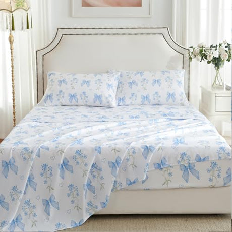 CCoutueChen Blue Bow Sheet Set Full Garden Floral Fitted Sheet Set for Girls Kids Soft Microfiber Fitted Flat Sheets & Pillowcases Cute Princess Style Bowknot Bedding Sets Toddlers 4 Pieces CCoutueChen