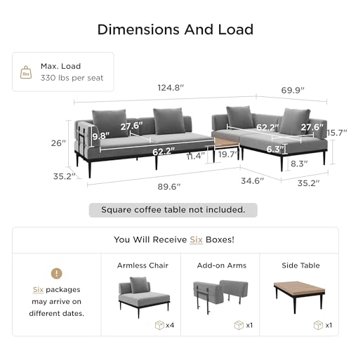 Acanva Modular Outdoor Patio Sectional Sofa, All-Weather Free Combination L-Shaped Balcony Couch with Side Table, Grey, 4 Seater + 1 Side Table Acanva