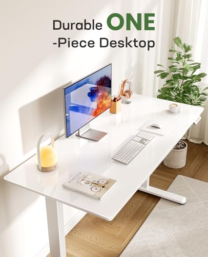 Marsail Glass Electric Standing Desk with Drawer, 48 x 24 Inches Height-Adjustable Desk, One-Piece Tempered Glass Top, Ergonomic Home Office Sit Stand Desk with 4 Preset Heights, White Marsail