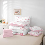 Erosebridal Pink Bow 7 Piece Comforter Set for Girls, Cute Bowknot Bedding Sets Bed in A Bag Twin Size Kawaii Ribbon Bow Sheet Set for Kids Boys Teens Women Bedroom Bow Knot Aesthetic Bed Sets Erosebridal