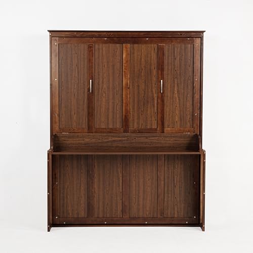 SOFTSEA Queen Size Murphy Bed with Desk, Wood Wall Bed with Gas Struts, Space Saving Foldable Murphy Bed for Small Spaces, Guest Room, Home Office (Walnut) SOFTSEA