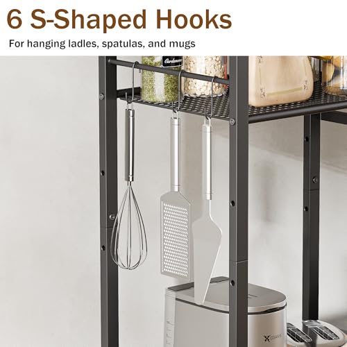 LAKEMID Kitchen Bakers Rack,Microwave Stand with Storge 3-Tier,Coffee Bar Station,6 S-Shaped Hook,Kitchen Storage Shelf,33.7D x 14.9W x 29.9H Inches,Rustic Brown