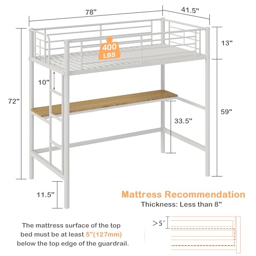 VECELO Loft Bed Twin Size with Desk, Metal Bedframe with Removable Ladder and Safety Guardrail, No Box Spring Needed, Space Saving, Noise Free, Nature&White VECELO