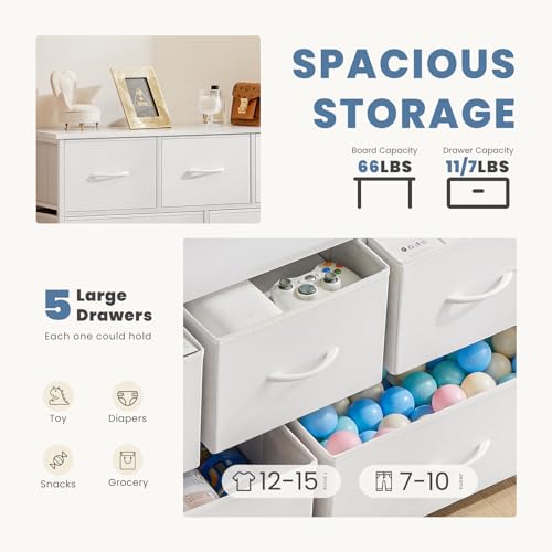 DUMOS Dresser for Bedroom, 5 Storage Drawers, Wide Fabric Closet Chests Organizer Tower Furniture with Wooden Top Metal Frame for Clothes, Guest Room, Living Room, Hallway, Entryway DUMOS