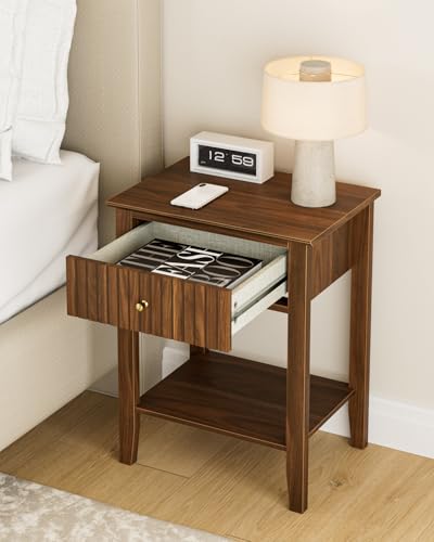 Apetaccat Fluted Nightstand, Farmhouse Night Stand with 1 Drawers, Mid Century Modern Side Accent Table,Bedside End Table for Bedroom, Living Room, Brown Apetaccat