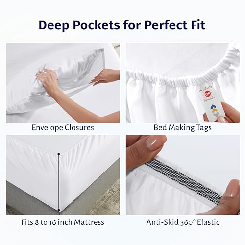 California Design Den Certified 100% Egyptian Cotton Sheets Queen Size Bed Set - Lightweight & Crisp Percale Queen Sheet Set Deep Pocket, Durable Luxury Bedding - White California Design Den