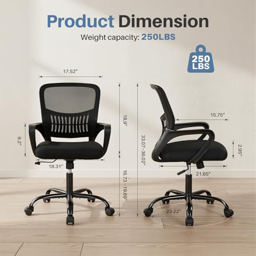 DUMOS Home Office Computer Chair - Ergonomic Mid Back Desk with Lumbar Support and Rocking Mode, Height Adjustable with Fixed Armrest, for Conference Meeting Room, 360° Swivel, Adults, Black DUMOS